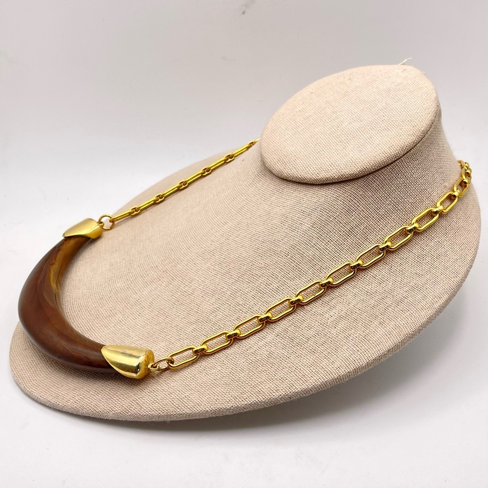 Vintage Signed Celebrity NY Brown Lucite Horn Bib Necklace Gold Tone Accents - Picture 4 of 14